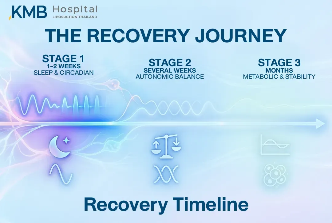 อินโฟกราฟิก Recovery Timeline แสดงลำดับการฟื้นสมดุลจากความเครียด 3 ระยะ ได้แก่ การปรับการนอนและนาฬิกาชีวภาพในช่วง 1–2 สัปดาห์ การฟื้นสมดุลระบบประสาทอัตโนมัติในช่วงหลายสัปดาห์ และความเสถียรของระบบเผาผลาญในช่วงหลายเดือน