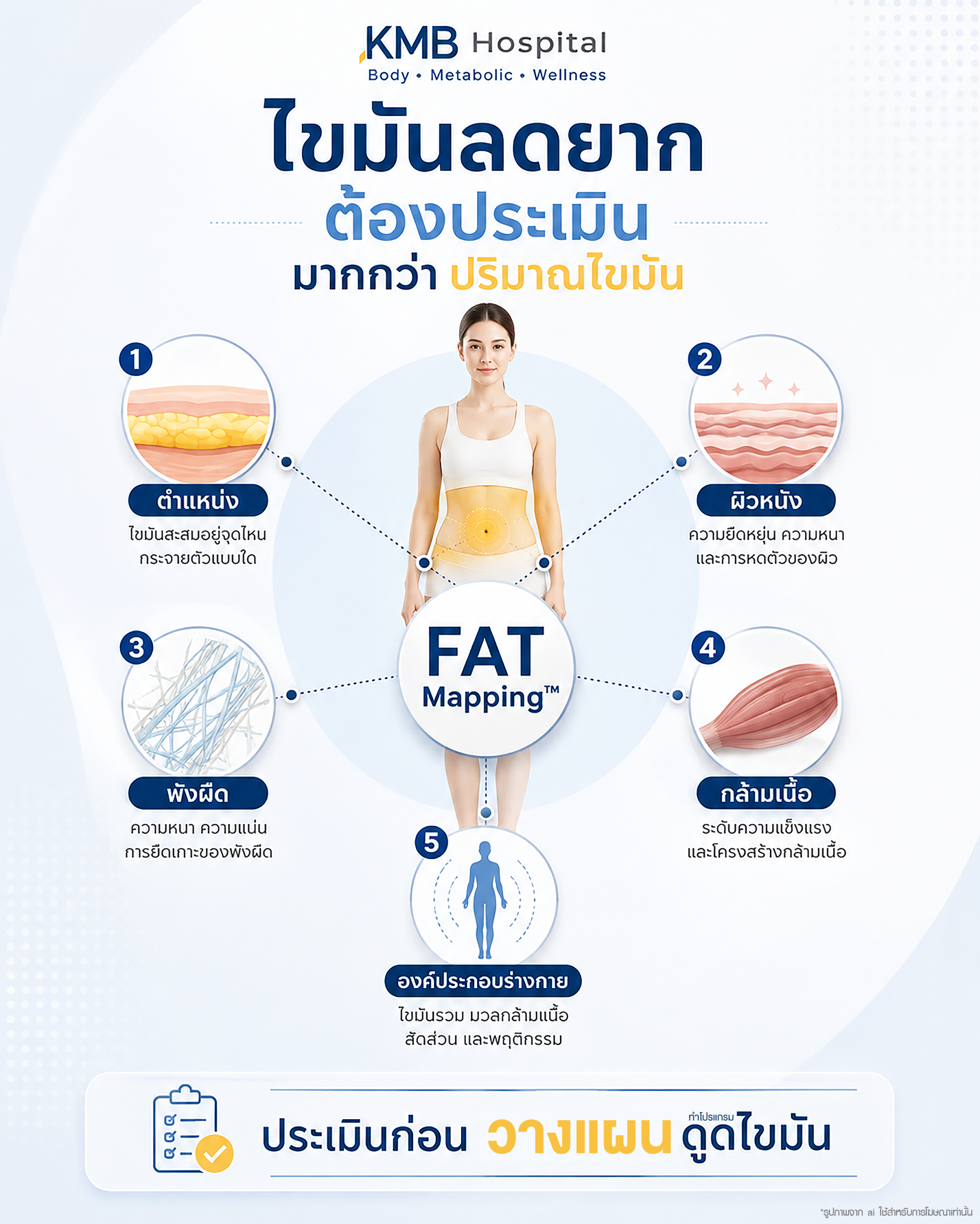 อินโฟกราฟิกแสดงองค์ประกอบที่แพทย์ใช้ประเมินไขมันที่ลดลงได้ยากก่อนวางแผนดูดไขมัน