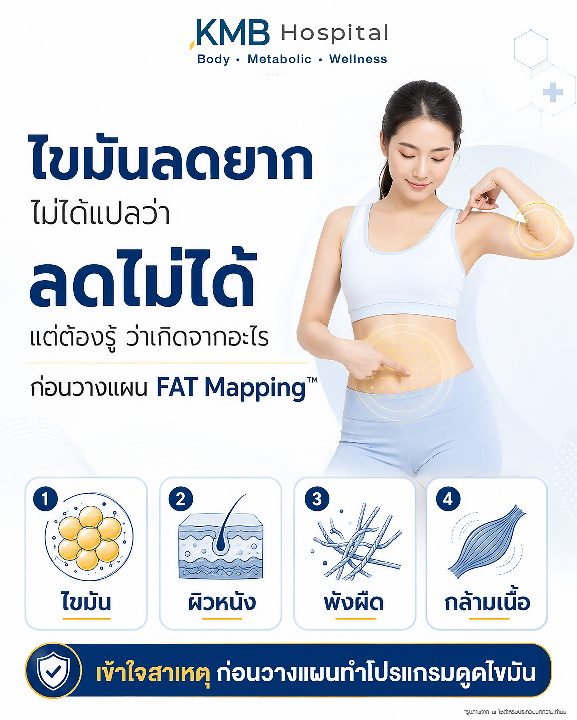 อินโฟกราฟิกสรุปสาเหตุของไขมันที่ลดลงได้ยากและความสำคัญของการประเมินก่อนดูดไขมัน