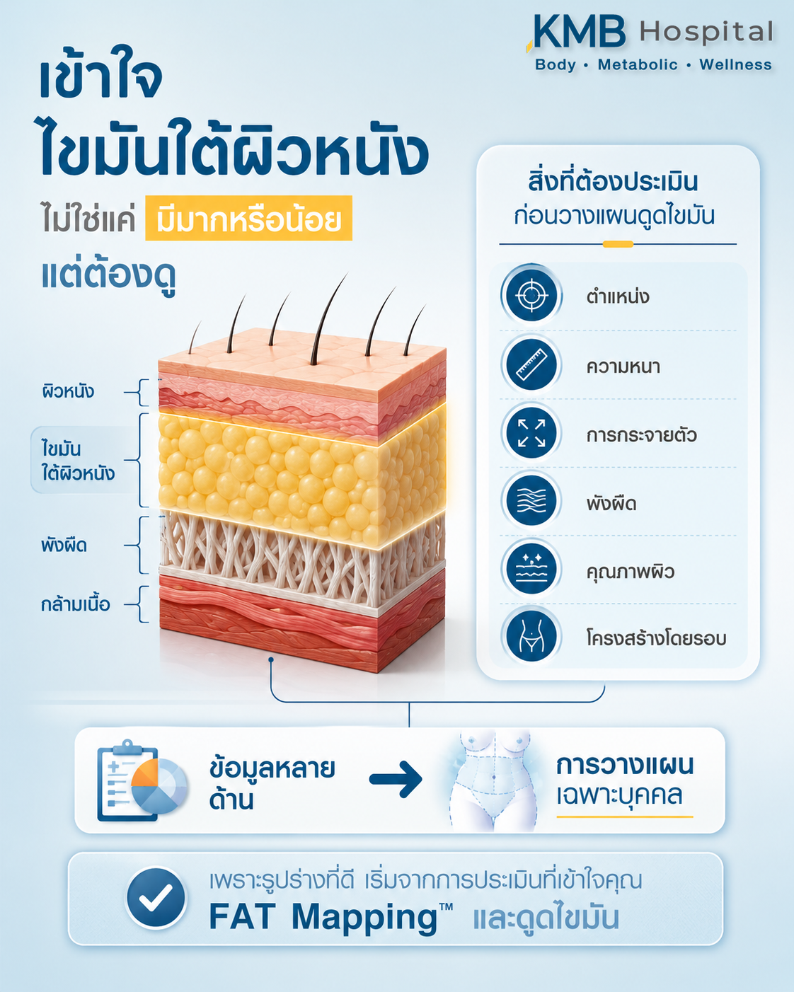 อินโฟกราฟิกสรุปการประเมินไขมันใต้ผิวหนังร่วมกับตำแหน่ง การกระจายตัว พังผืด ผิวหนัง และโครงสร้างโดยรอบก่อนวางแผนดูดไขมัน