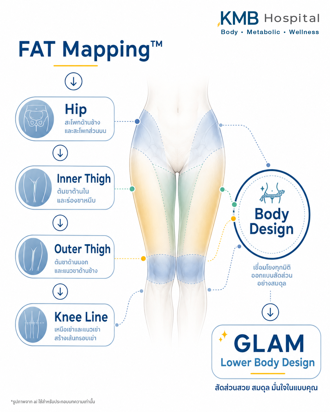 อินโฟกราฟิกแสดงการประเมินต้นขาก่อนดูดไขมันแบบ GLAM Liposculpt™