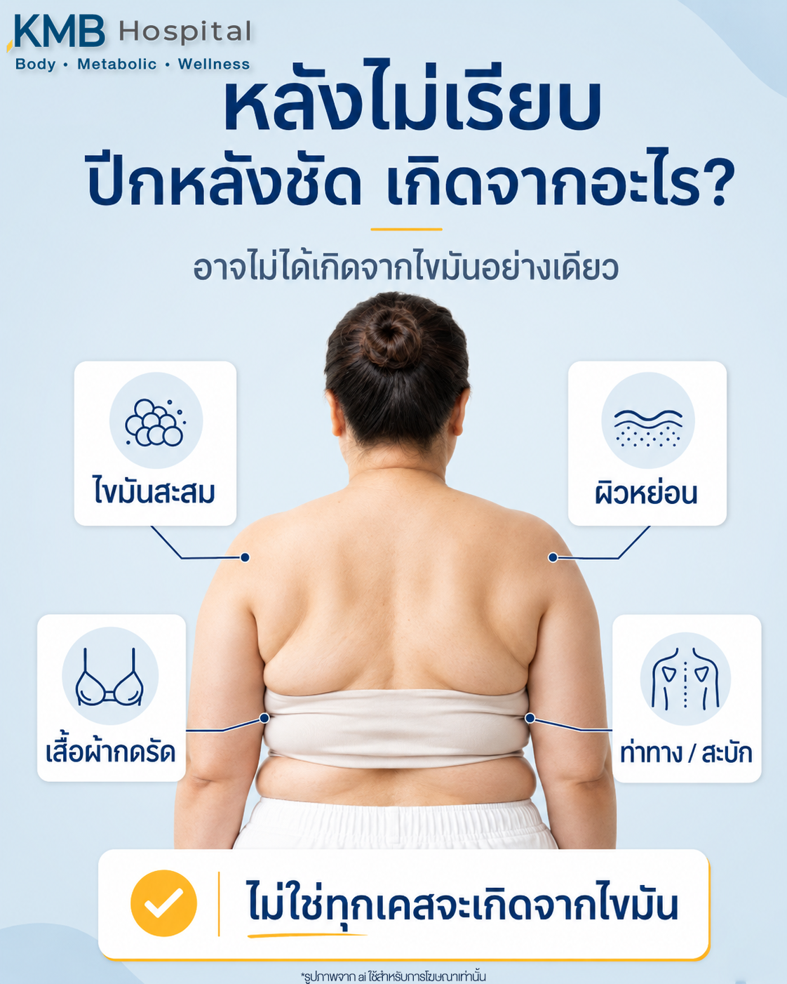 อินโฟกราฟิก KMB Hospital อธิบายสาเหตุที่ทำให้แผ่นหลังดูไม่เรียบหรือมีปีกหลังชัด ได้แก่ ไขมันสะสม ผิวหย่อน เสื้อผ้ากดรัด และลักษณะท่าทางหรือสรีระ โดยไม่ใช่ทุกกรณีที่เกิดจากไขมันเพียงอย่างเดียว