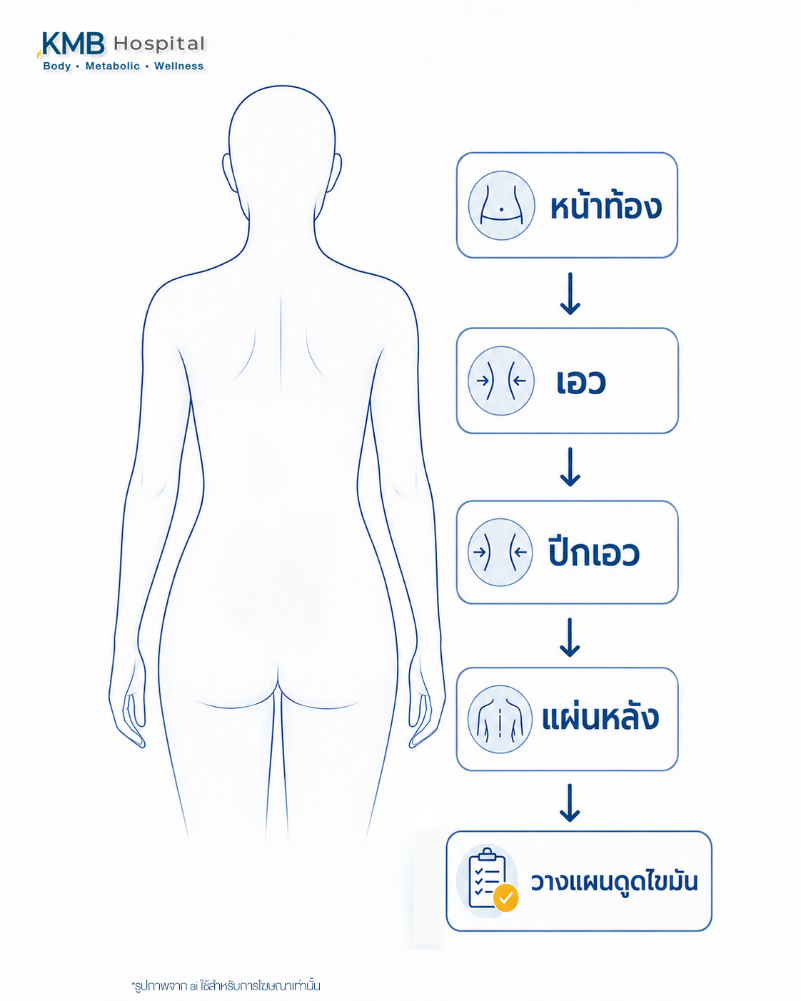 แผนภาพแสดงความต่อเนื่องของเอว ปีกเอว และลำตัวก่อนดูดไขมัน