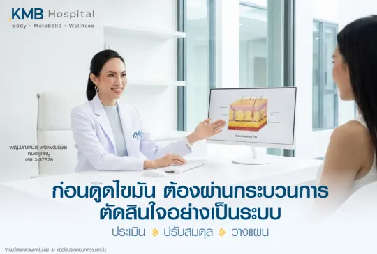 ภาพแพทย์ KMB Hospital อธิบายกระบวนการตัดสินใจก่อนทำโปรแกรมดูดไขมันอย่างเป็นระบบ ตั้งแต่การประเมินร่างกาย การปรับสมดุลความพร้อม ไปจนถึงการวางแผนดูแลเฉพาะบุคคล