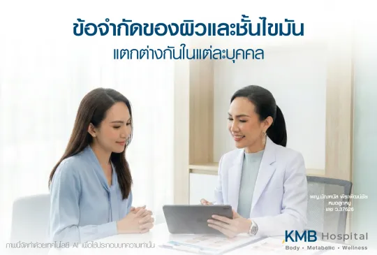 ภาพแพทย์ KMB Hospital ให้คำปรึกษาเรื่องข้อจำกัดของโครงสร้างผิวและชั้นไขมันที่แตกต่างกันในแต่ละบุคคล เพื่อช่วยให้เข้าใจปัจจัยที่อาจส่งผลต่อผลลัพธ์และวางแผนดูแลอย่างเหมาะสม