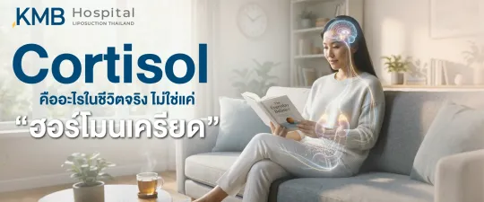 ผู้หญิงนั่งอ่านหนังสือภายในบ้าน พร้อมภาพกราฟิกสมอง ต่อมหมวกไต ระบบย่อยอาหาร และเส้นทางการสื่อสารภายในร่างกาย สื่อถึงบทบาทของ Cortisol ที่ไม่ได้เป็นเพียงฮอร์โมนความเครียด แต่ยังเกี่ยวข้องกับจังหวะชีวิต การตื่นตัว พลังงาน ระบบเผาผลาญ และภูมิคุ้มกัน