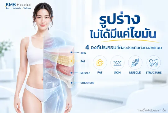 ภาพผู้หญิงพร้อมชั้นจำลองของไขมัน ผิวหนัง กล้ามเนื้อ และโครงสร้าง เพื่ออธิบายองค์ประกอบของรูปร่างก่อนวางแผนโปรแกรมดูดไขมัน
