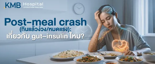 ภาพปกบทความแสดงผู้หญิงวัยทำงานมีอาการง่วงและหมดแรงหลังรับประทานอาหาร พร้อมกราฟิกสมอง ระบบทางเดินอาหาร และนาฬิกา สื่อถึงความสัมพันธ์ระหว่าง Post-meal Crash การตอบสนองของ Insulin ระบบลำไส้ และจังหวะการใช้พลังงานหลังมื้ออาหาร