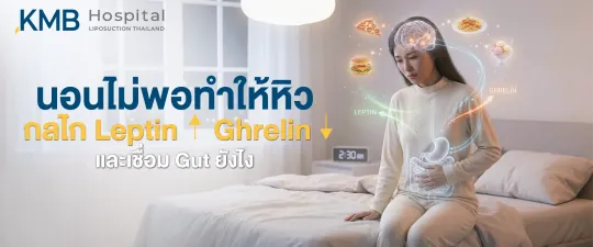 ภาพปกบทความแสดงผู้หญิงนอนไม่พอและรู้สึกหิวในช่วงกลางคืน พร้อมกราฟิกสมอง กระเพาะอาหาร ลำไส้ และอาหาร เพื่ออธิบายความเชื่อมโยงระหว่างการนอน ฮอร์โมน Leptin และ Ghrelin การควบคุมความหิว และ Gut–Brain Axis