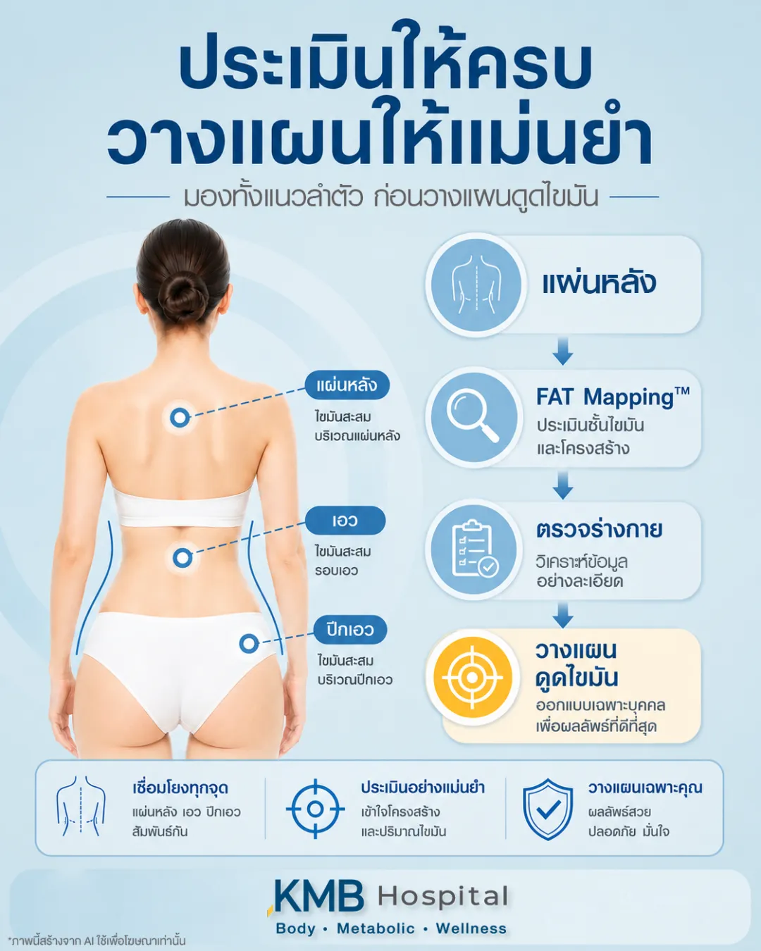 แผนภาพแสดงขั้นตอนการประเมินแผ่นหลังด้วย FAT Mapping™ ก่อนดูดไขมัน
