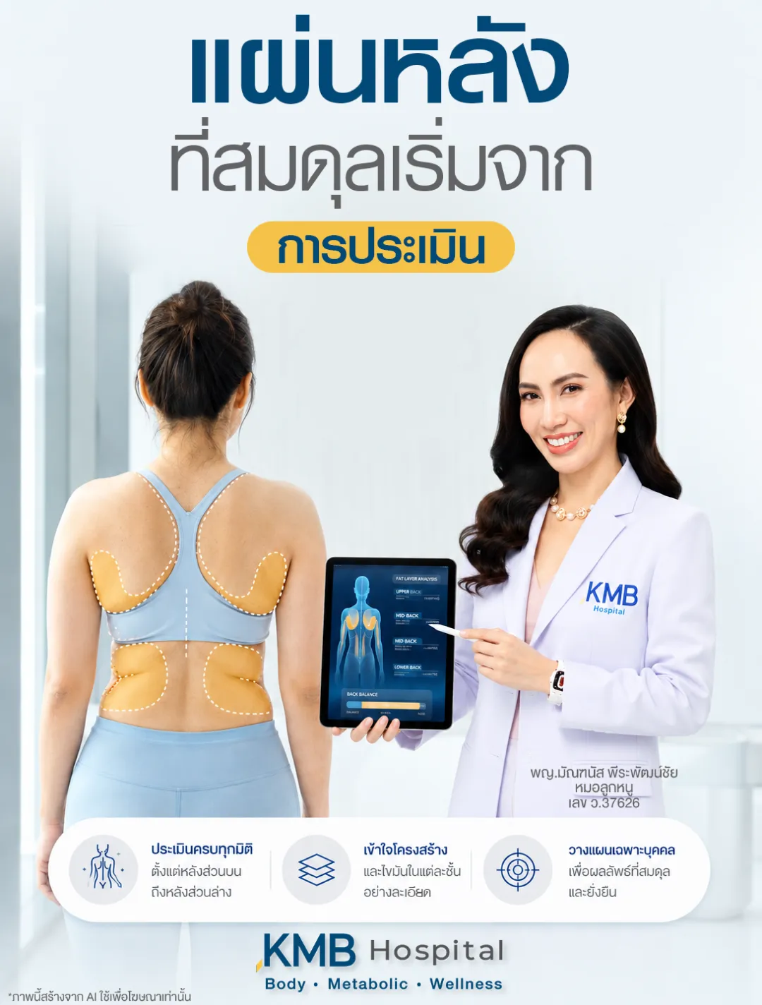 หมอลูกหนูอธิบายว่าการประเมินแผ่นหลังก่อนดูดไขมันต้องมองทั้งลำตัวด้านหลัง