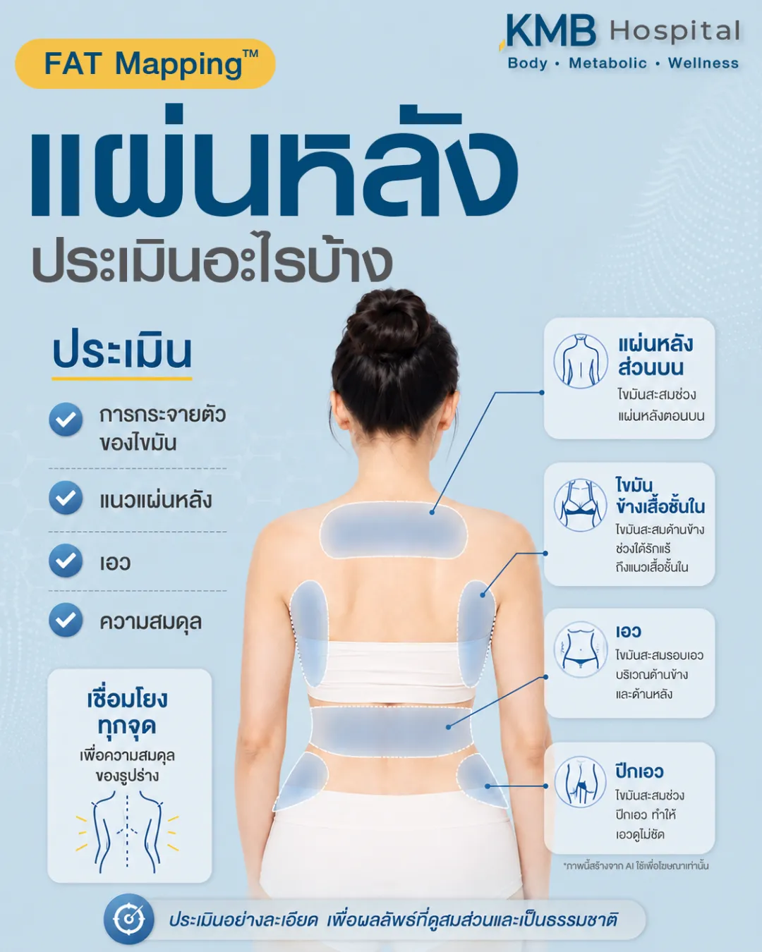 อินโฟกราฟิกแสดงองค์ประกอบที่ประเมินใน FAT Mapping™ แผ่นหลังก่อนดูดไขมัน