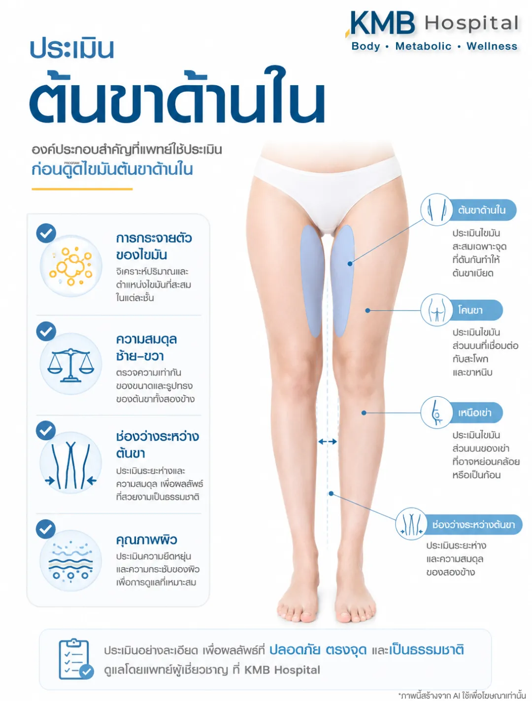 อินโฟกราฟิกแสดงองค์ประกอบที่ประเมินใน FAT Mapping™ ต้นขาด้านในก่อนดูดไขมัน